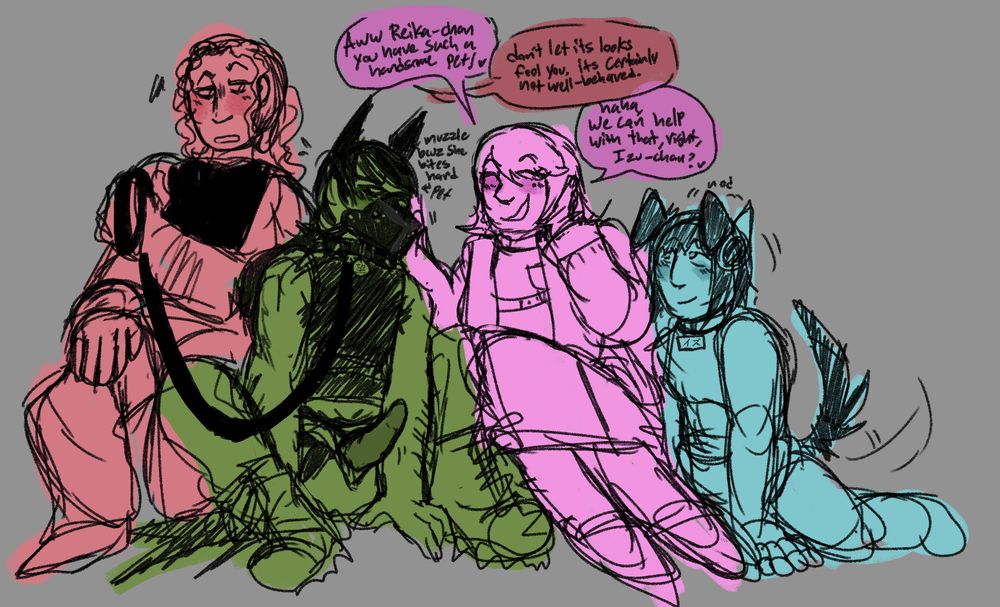 Begin ID. A drawing depicting Reika Shindai from Kamen Rider Saber, Nozomi Takai from Kamen Rider Amazons, Poppy/Asuna Karino from Kamen Rider Ex-Aid, and Izu from Kamen Rider Zero-One gathered together on the floor. Nozomi has a petplay muzzle on, with pointed ears sticking out from the top of her head and a tail sitting beside her on the floor. She has a collar with a nametag labeled with her name spelled in kanji. She wears a tanktop, and unbuckled, unzipped camo pants with a strap-on sticking out of the opening between her legs. Reika sits to the left of her, holding the leash attached to her collar and looking irritated. Poppy sits to the right of Nozomi, smiling cheerfully and resting her head on one hand while she uses the other to stroke the side of Nozomi's face affectionately. Izu sits to the right of Poppy, leaned over on her hands, with dog ears and a wagging tail. She smiles. Poppy says "Aww Reika-chan you have such a handsome pet!". Reika replies "dont let its looks fool you. its certainly not well-behaved." Poppy says "haha, we can help with that, right, izu-chan?' to which Izu nods happily. End ID.