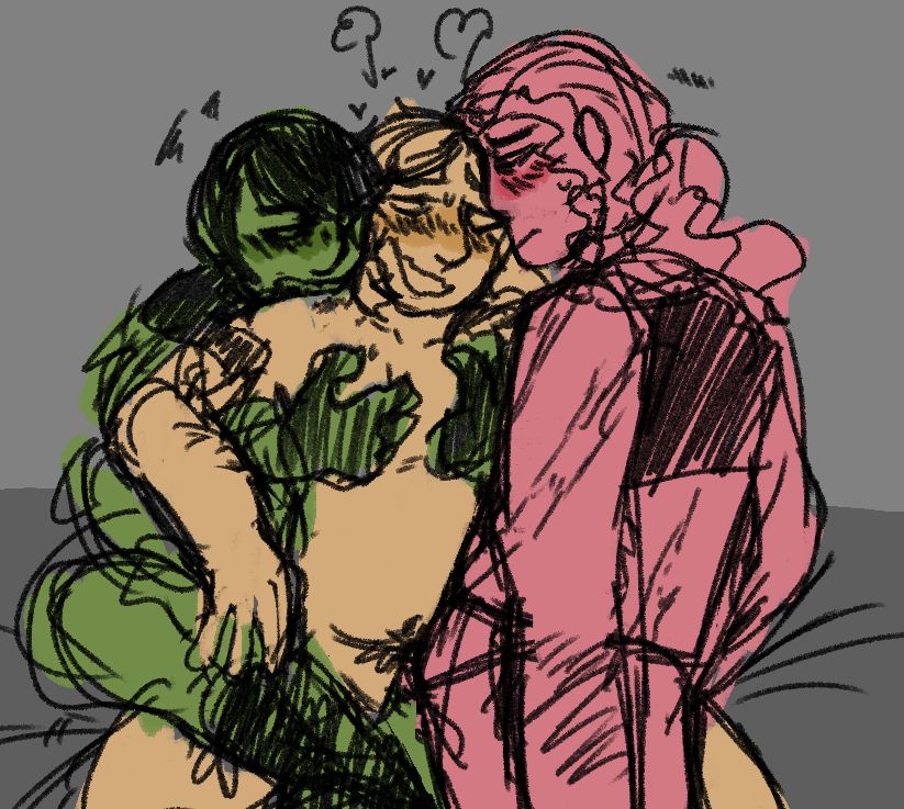 Begin ID. A drawing depicting Nozomi Takai from Kamen Rider Amazons, Sawa Takigawa from Kamen Rider Build, and Reika Shindai from Kamen Rider Saber having sex. Nozomi is holding Sawa from behind, fondling her chest, and biting down on her shoulder. Reika is at Sawa's front, pushing into her with a strap on while Sawa goes brainless. End ID.