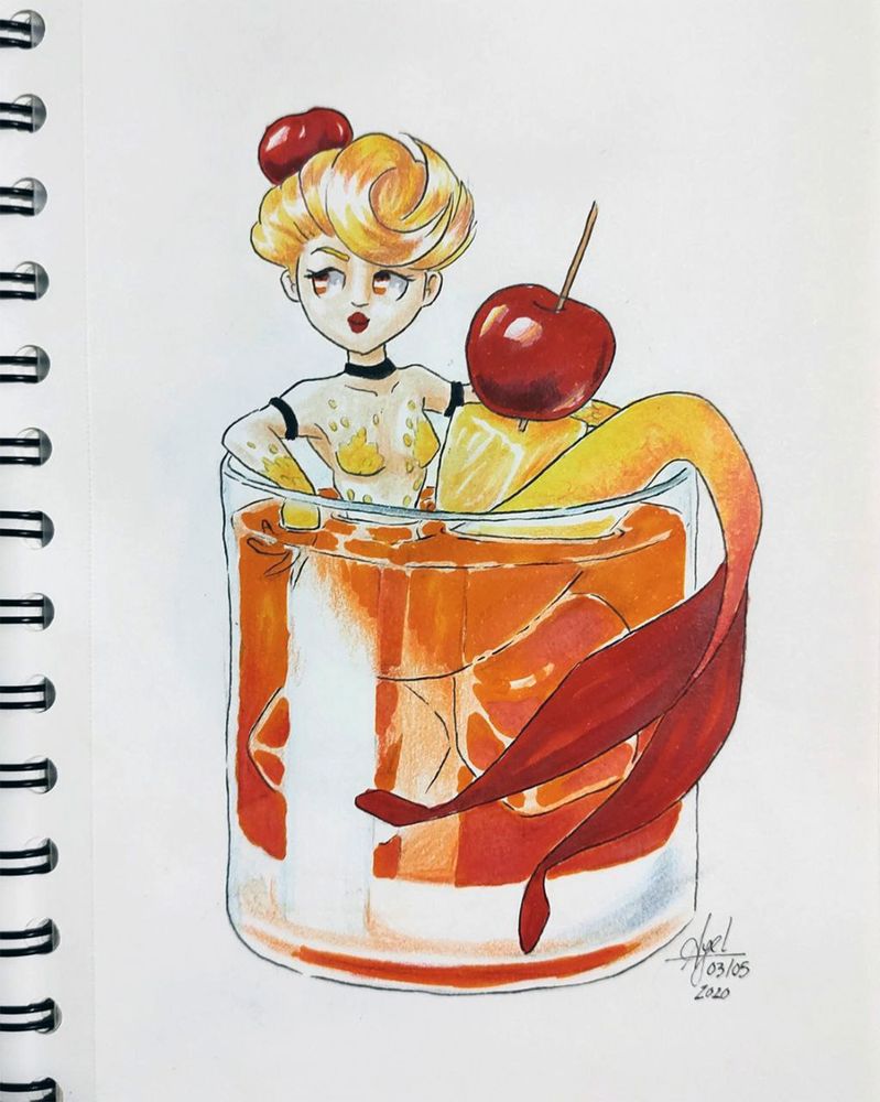 Mermaid inside a Malibu Sunset, a orange and red colored iced drink, along with a few fruits to decor the glass. Her tail is yellow with a red end, and has a cherry on her hair.