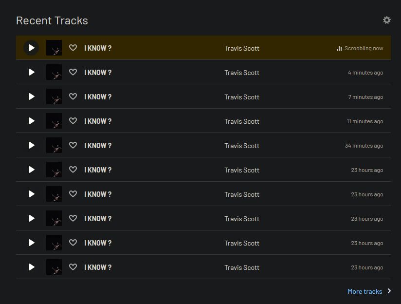 Image of last.fm UI. Song "I KNOW?" by Travis Scott has been played at least 10 times in a row and entirely fills the Recent Tracks list.