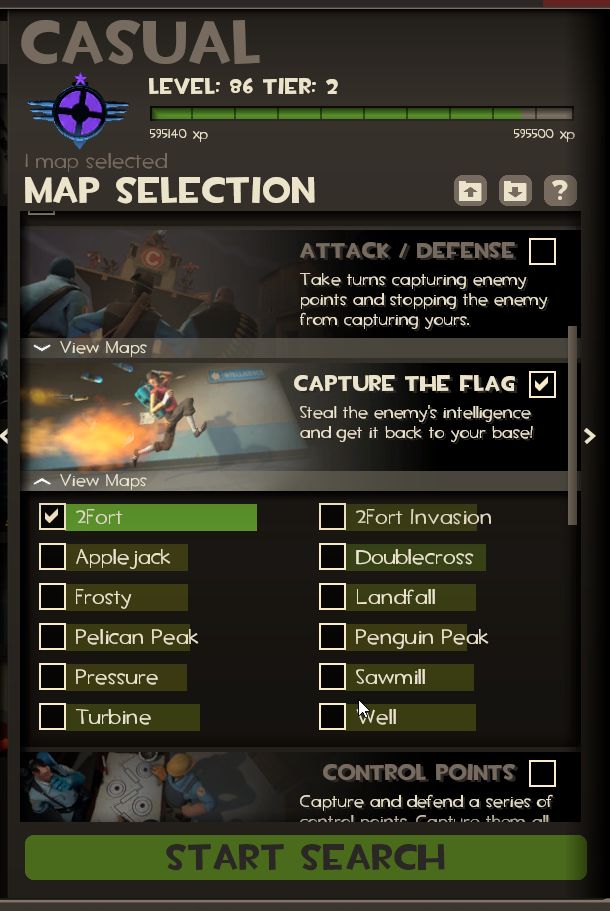 screenshot of Team Fortress 2 casual map selector. Only 1 map is selected - 2Fort