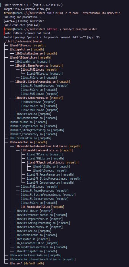 Terminal, shows that the binary links to hella shared objects.