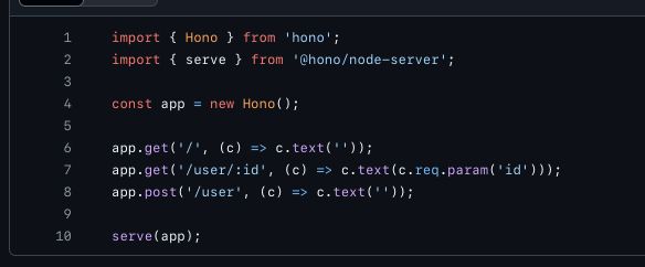 Source code of the hono benchmark which runs on nodejs.
It shows that if you GET the index page it returns nothing, if you GET the '/user/:id' route it returns just the id, and if you POST to the '/user' route it also returns nothing.