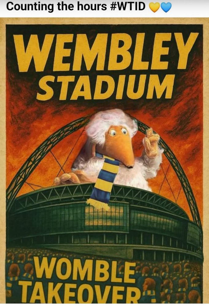 Image of Haydon , the AFC Wimbledon wobble mascot, looms large over Wembley Stadium, wearing as he should do a Dons scarf. The Headlines read "Wembley Stadium" and "Womble Takeover"
