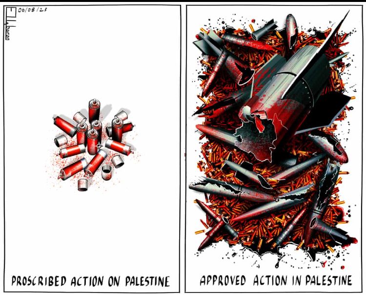 The first panel is a small cluster of spray paints cans with red paint around them and the words ‘proscribed action on Palestine’ The second panel is a cluster of missiles tubes with blood around them and the words ‘Approved action in Palestine.’