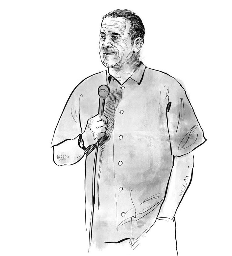 Drawing of Mark Thomas performing holding microphone and has other hand in his pocket. He looks raddled.