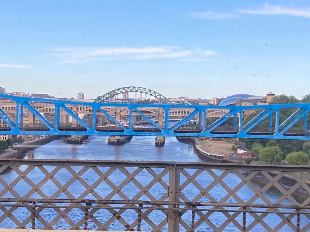 The bridges over the Tyne. Photo taken from railway bridge on a clear evening sky. 