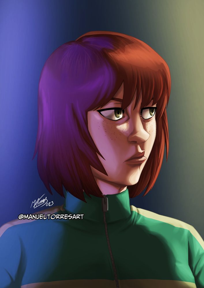 Drawing of Kim Pine from comic series Scott Pilgrim. She's a young adult girl, short-haired red-head, with freckles, wearing a green and yellow track-suit jacket. Her expresion shows she's annoyed.