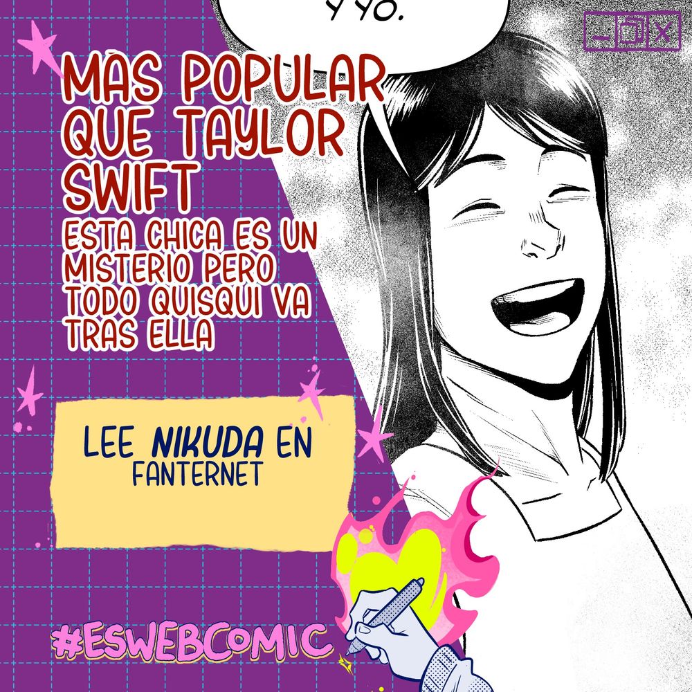 Imagen promocional del #eswebcomic, una franja morada con una cuadricula de puntos cyan ocupa la mitad de la imagen, rodeado de estrellitas y brillos. Abajo, junto al hastag  hay una mano sujetando un stylus en llamas.
La otra mitad de la imagen es un fragmento de un cómic en el que sale Xaxa, una joven de pelo largo y negro que lleva un sencillo vestido blanco que está sonriendo con ilusión.