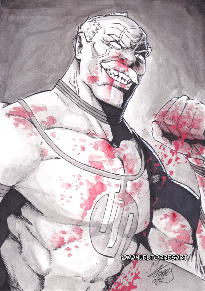 Scanned version of a black and white drawing with traditional tools (using pens and whased inks) with some red details with red watercolors to details blood of a buffed big old man, bald with moustache, with a scar crossing from the head over his right eye.