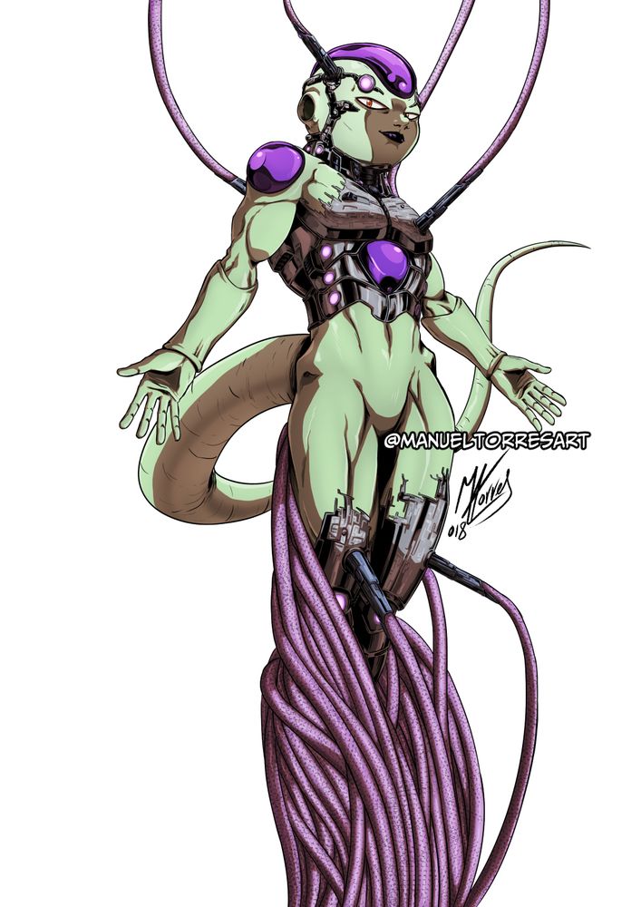 Digital drawing of a mash-up between Frieza from Dragon Ball and Brainiac from DC comics. It has the body of Frieza in his final transformation but instead of white sking it has a pale green. Also has several mechanic parts and tons of wires coming out from his body.