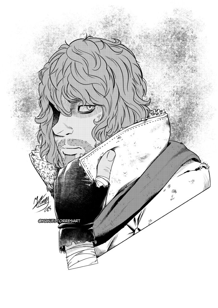 Digital drawing in black and white with some semitones. A dirty man in rags is grabbing the collar of his jacket to hide his features.