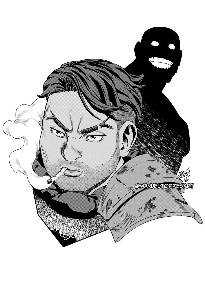 Digital bust drawing in black & white of a female dwarf smoking. She has big jaw, messy short hair shaved on the sides and a little stubble beard. Has dead serious eyes. Hears worn out armor and chain mail.
In the background is shown a shadow of someone from who she is afraid.