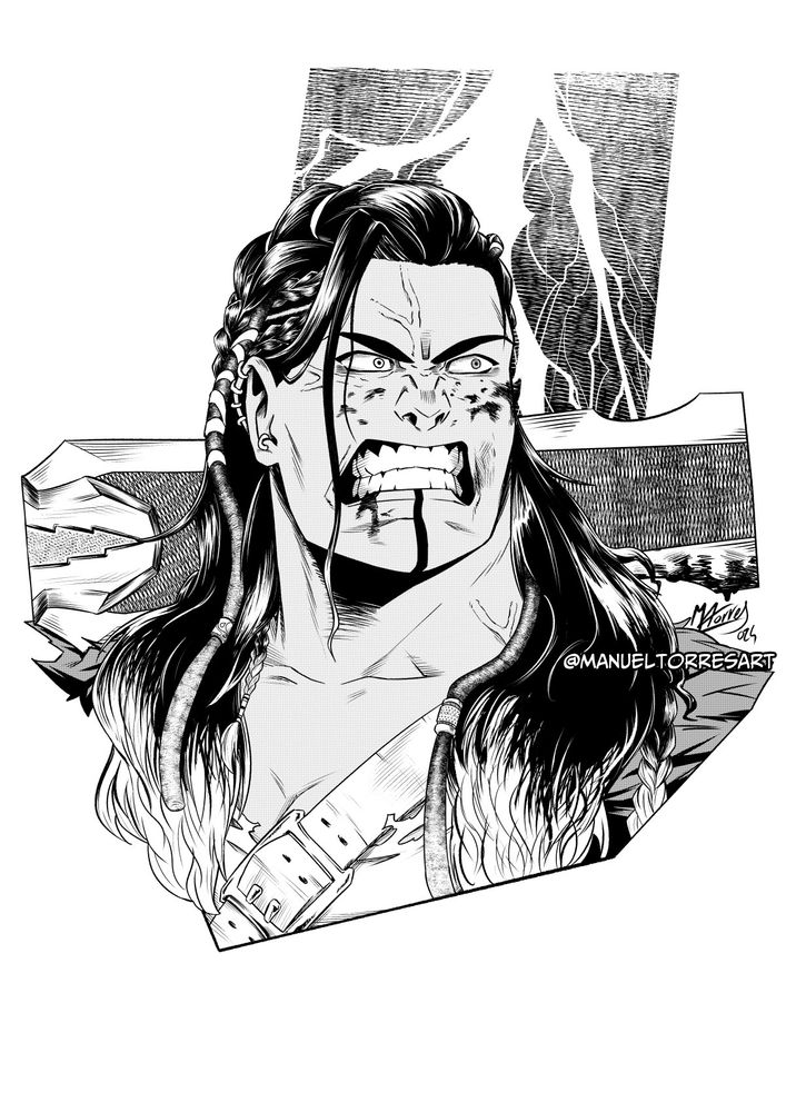 Bust drawing in black and white with semitones. It has a buffed woman with dark hair that gets white at the tips, with several braids and dreadlocks. She is holding a huge sword, has some blood on her face and is raging. Behind her it's a lightning.