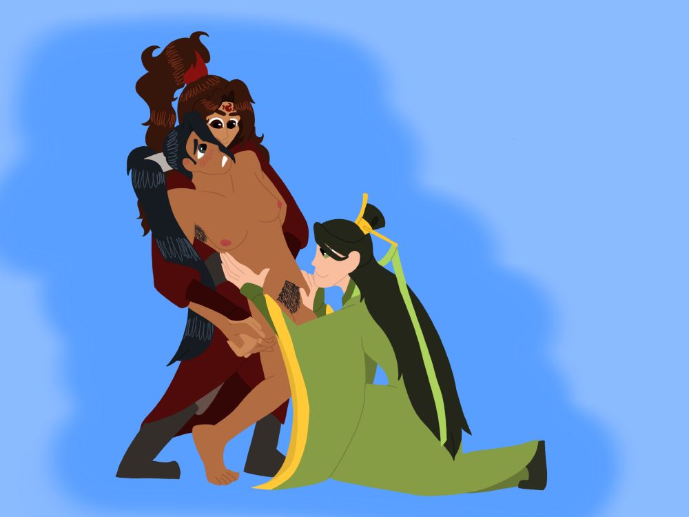 LBH holds a naked LQG's arms behind his back while SQQ kneels in front of them. LQG is trans, with breasts and a vulva. 