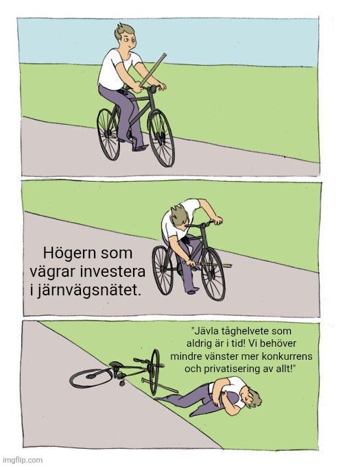 En trepanelers tecknad serie där en man cyklar och stoppar en pinne i sitt eget framhjul, faller och skadar sig. I första panelen är han på väg att sätta pinnen i hjulet. I andra panelen står texten: "Högern som vägrar investera i järnvägsnätet." I tredje panelen ligger han på marken och säger: "Jävla tågelvete som aldrig är i tid! Vi behöver mindre vänster mer konkurrens och privatisering av allt!"