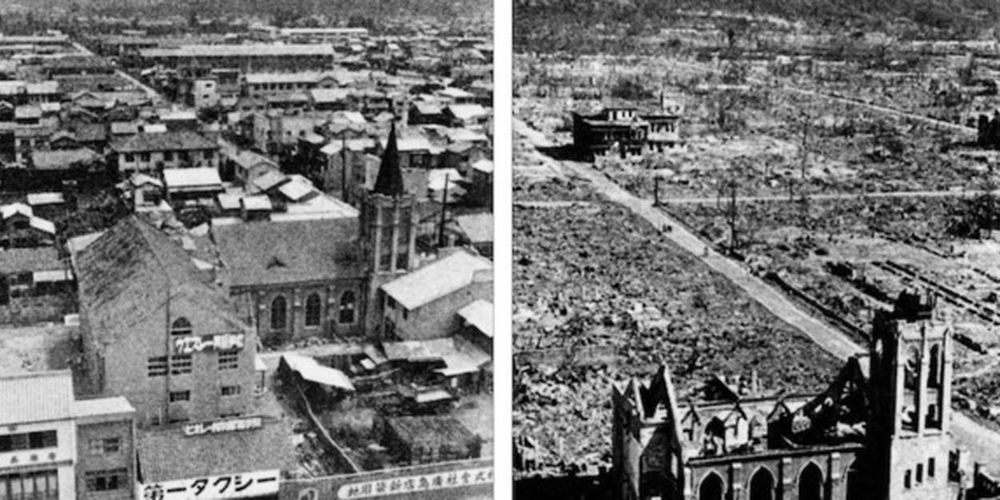 Two photos of Nagasaki, one from before the atombomb  hot it and one from after it. 
The after picture shows almost total destruction. 