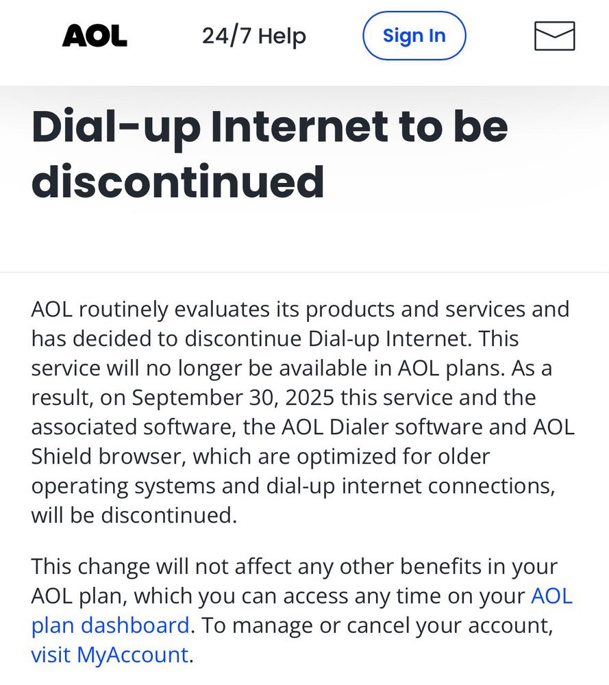 AOL notice about ending their dial-up plans 