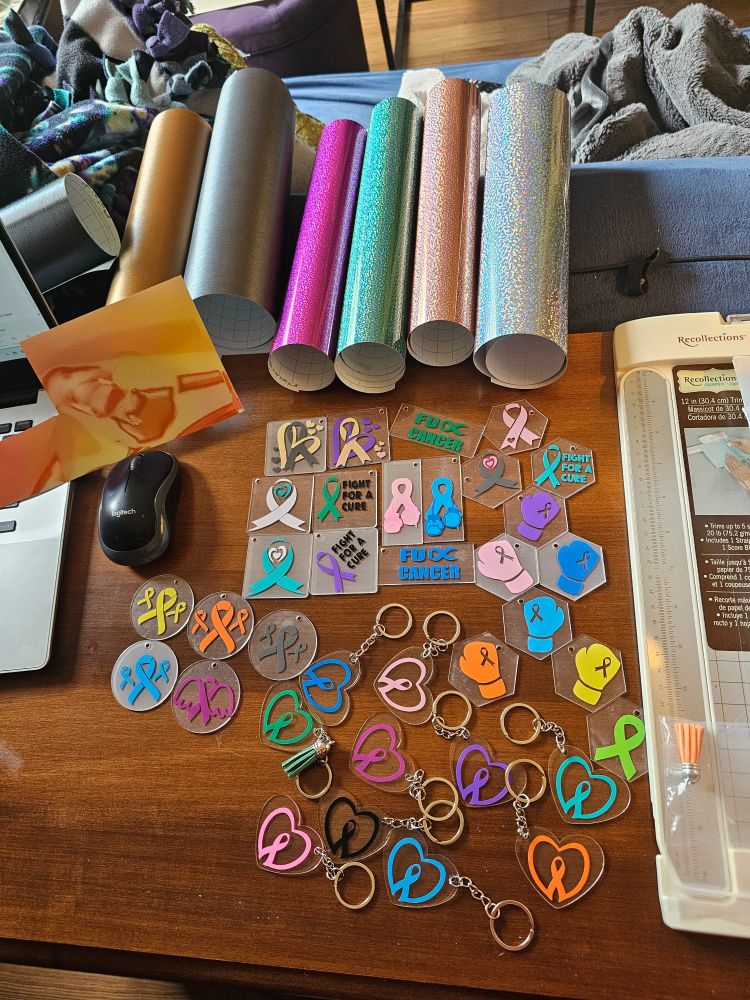 Various ribbons and banners Keychains for different cancer types 