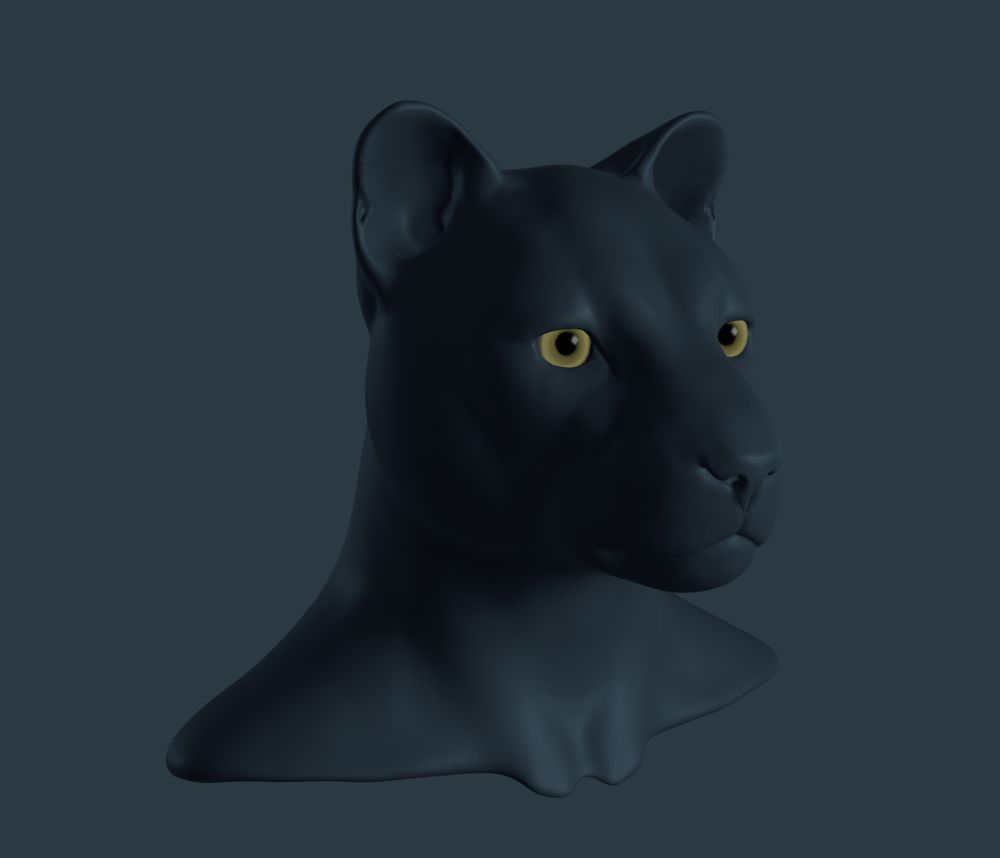 Three quarter view of a 3d digital sculpt of a jaguar head meant to be placed on a humanoid body. Has vivid green eyes.