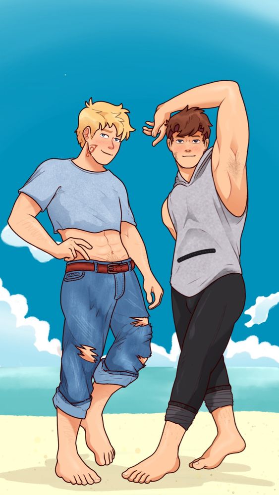 An illustration of two young men standing on a beach. The man on the left is blonde, wearing tattered blue jeans that stop mid-calf, and a cut off shirt. The man on the right is brunette, wearing black leggings and a sleeveless gray hoodie. They are barefoot.