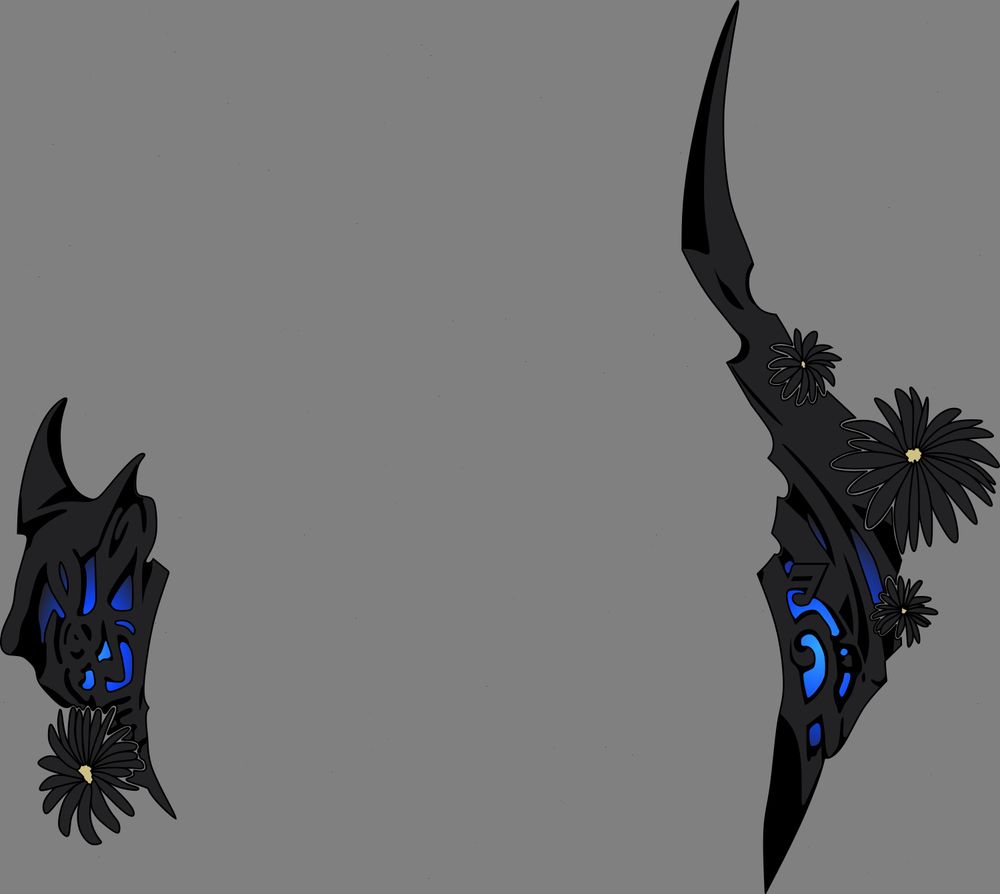 Asymmetric twisting horns decorated with black flowers and an internal blue glow. The horns themselves are a dark gray with black shadows and no highlights. They're the horns of Nerissa Ravencroft.