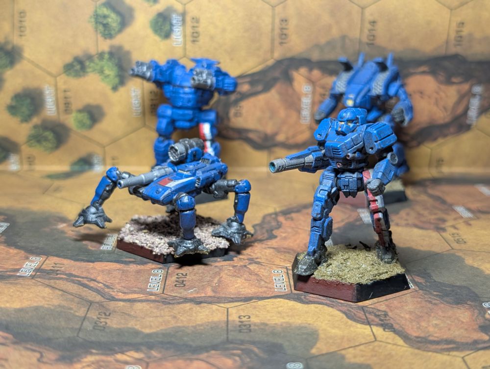 Davion Guards Clint, Scorpion, Jagermech, and Archer Battlemechs