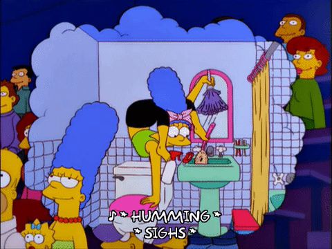 Marge Simpson imagining herself being incredibly flexible to clean with more efficiency. 