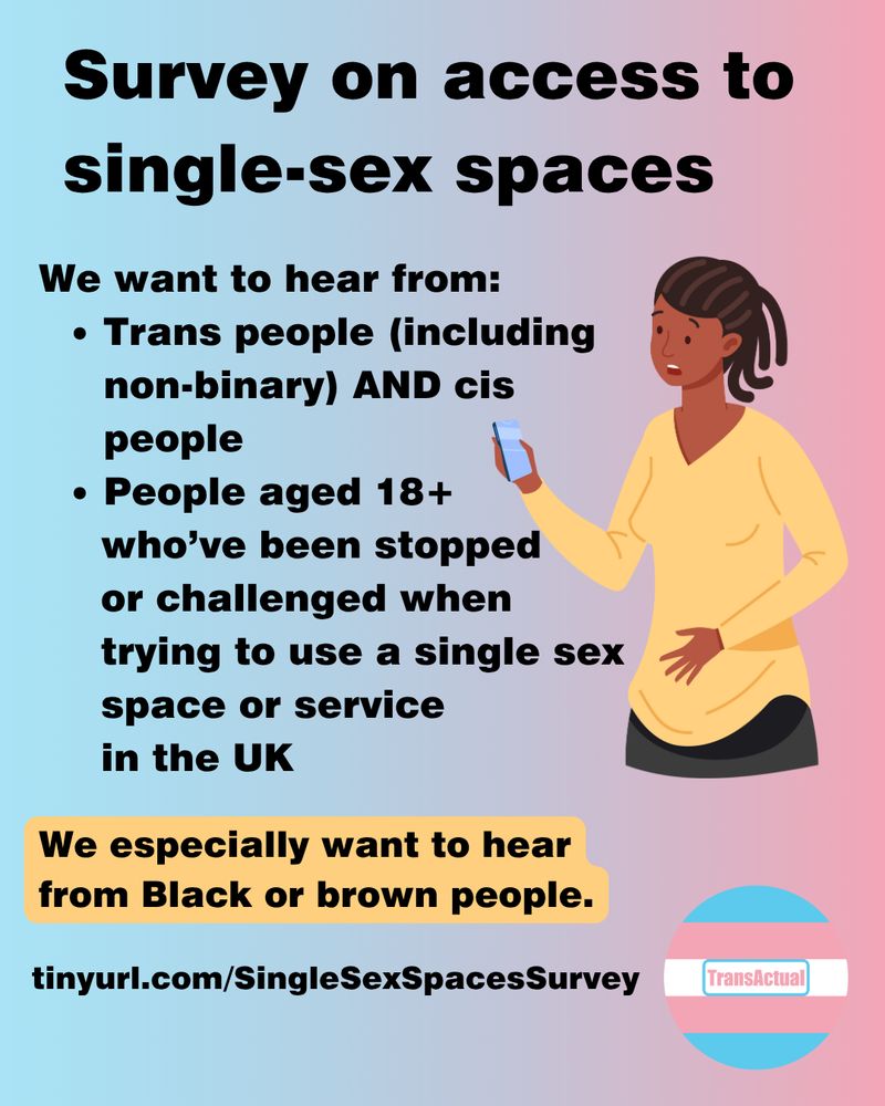 Survey on access to single-sex spaces. We want to hear from: people aged 18+ who’ve been stopped or challenged when trying to use a single sex space or service in the UK. We especially want to hear from Black or brown people.  Illustration: a Black person holding their phone and looking shocked. 