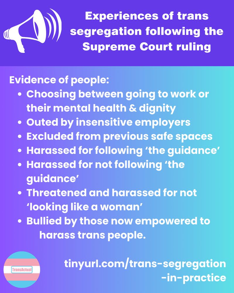 Experiences of trans segregation following the Supreme Court ruling. Evidence of people:
Choosing between going to work or their mental health & dignity
Outed by insensitive employers
Excluded from previous safe spaces
Harassed for following ‘the guidance’
Harassed for not following ‘the guidance’
Threatened and harassed for not ‘looking like a woman’
Bullied by those now empowered to harass trans people.
tinyurl.com/trans-segregation
-in-practice