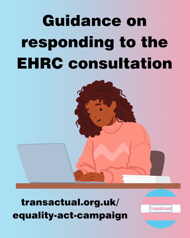 Text says: Guidance on responding to the EHRC consultation. . transactual.org.uk/equality-act-campaign. Illustration of a person working on their laptop 