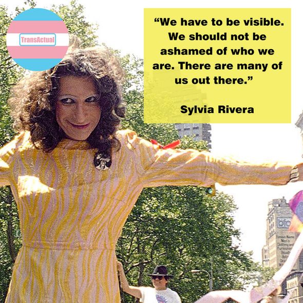 Photo of Silvia in a yellow and white patterned dress in a street near the Flat Iron Building in New York. Text: “We have to be visible. We should not be ashamed of who we are. There are many of us out there.”  Sylvia Rivera