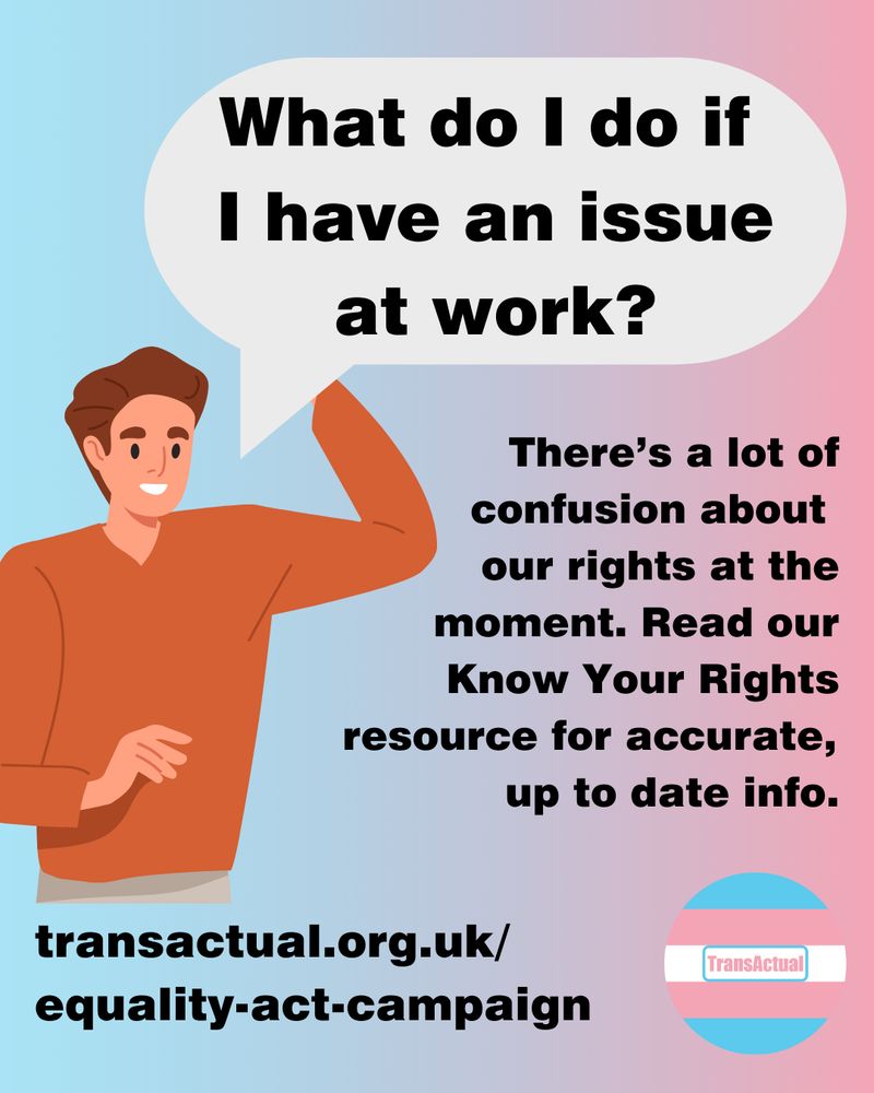 Text says: What do I do if I have an issue at work? There’s a lot of confusion about our rights at the moment. Read our Know Your Rights resource for accurate, up to date info. transactual.org.uk/know-your-rights. Illustration of a man with short hair.