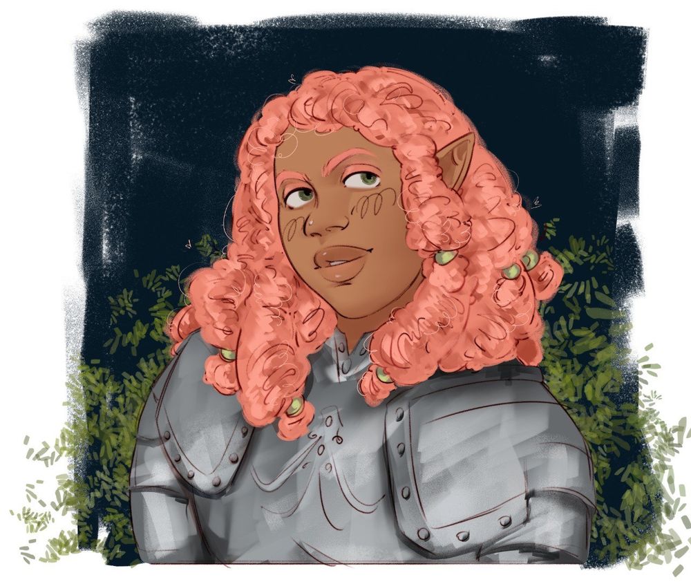 A warrior elf girl. She has dark skin and pink hair