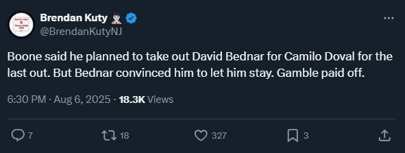 Tweet from Brendan Kuty that reads:

"Boone said he planned to take out David Bednar for Camilo Doval for the last out. But Bednar convinced him to let him stay. Gamble paid off."