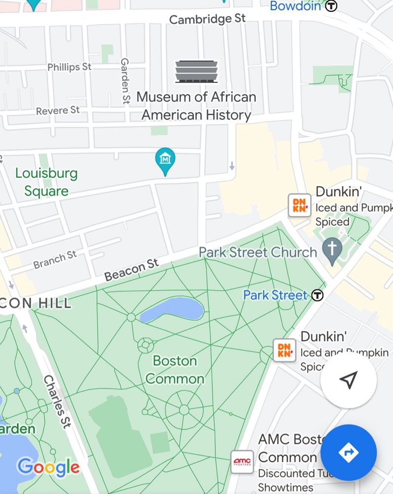 A screenshot of Google Maps showing central Boston, with the city’s Museum of African American History shown as an icon shaped like the National Museum of African American History and Culture at the Smithsonian in DC.