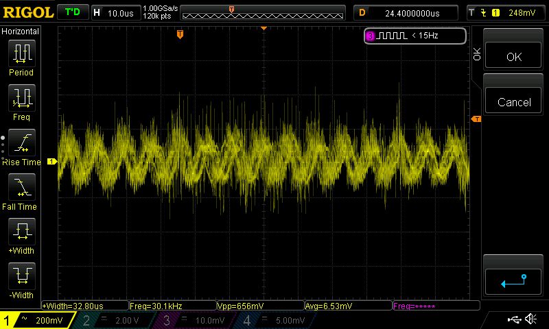 An oscilloscope screen showing 600mV of noise peak-to-peak