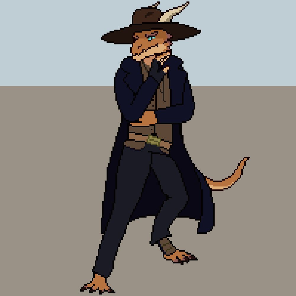 A dragonborn dressed in a cowboy attire
