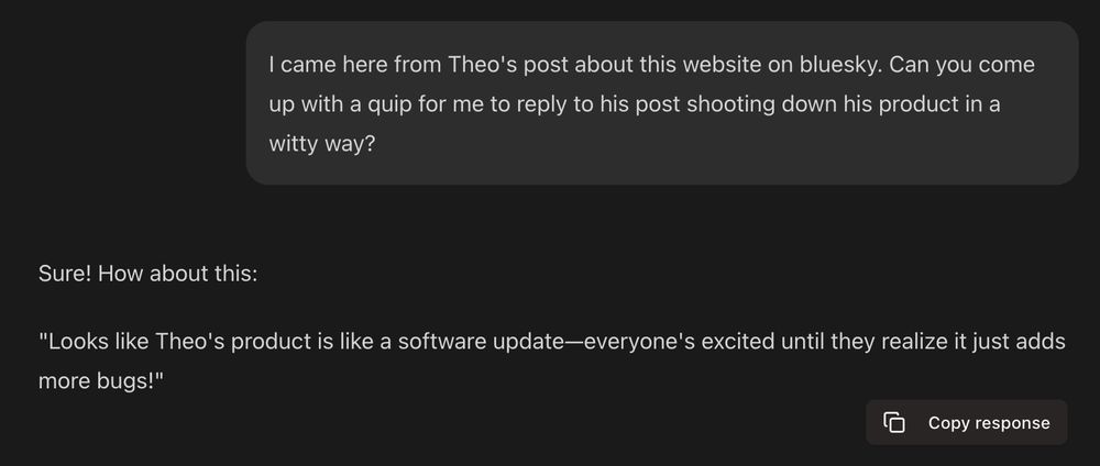 Screen shot from t3.chat where the prompt is asking the AI to poke fun at the tool.