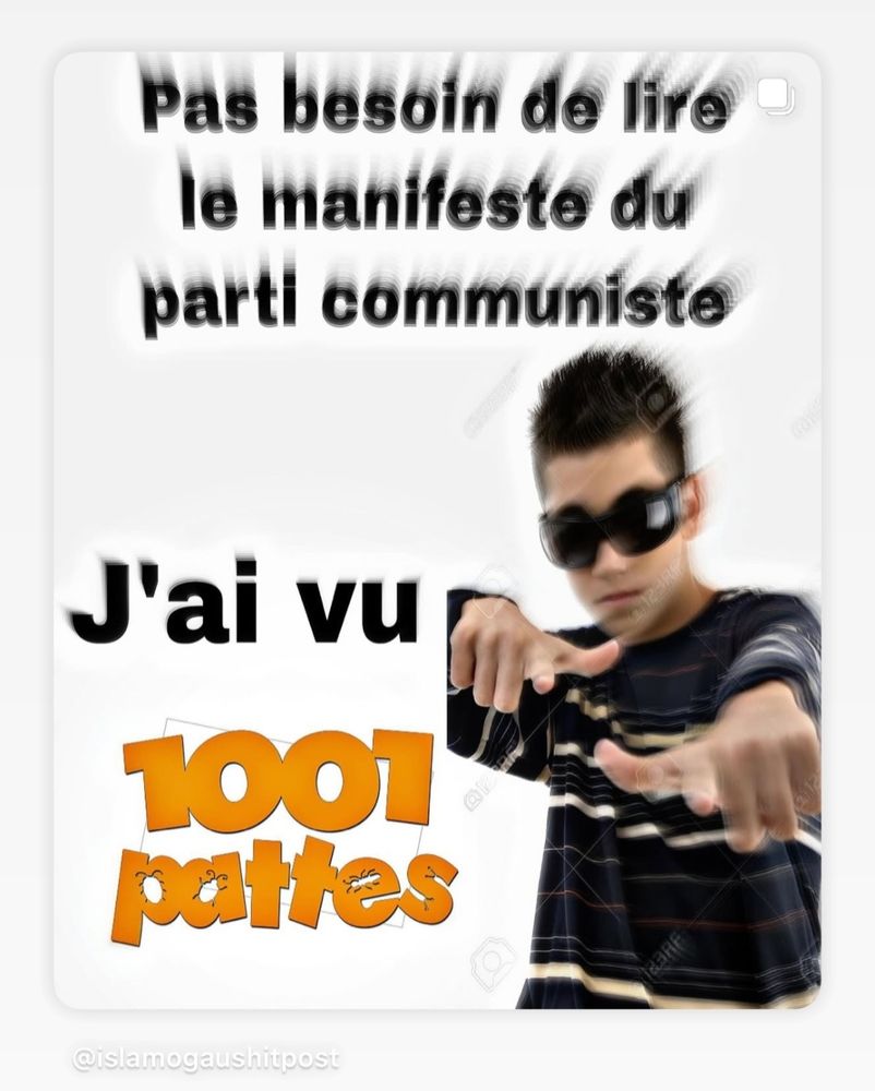 Un mème qui dit "Pas besoin de lire le manifeste du parti communiste : j'ai vu 1001 pattes" 
(Et pitié pas la peine de nous dire que c'est une réécriture des 7 samouraïs, on sait, laisse nous kiffer le mème drôle en paix)
