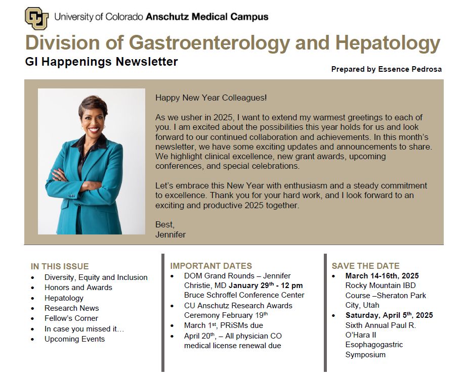 The University of Colorado Anschutz Medical Campus Division of Gastroenterology and Hepatology GI Happenings Newsletter is now available!