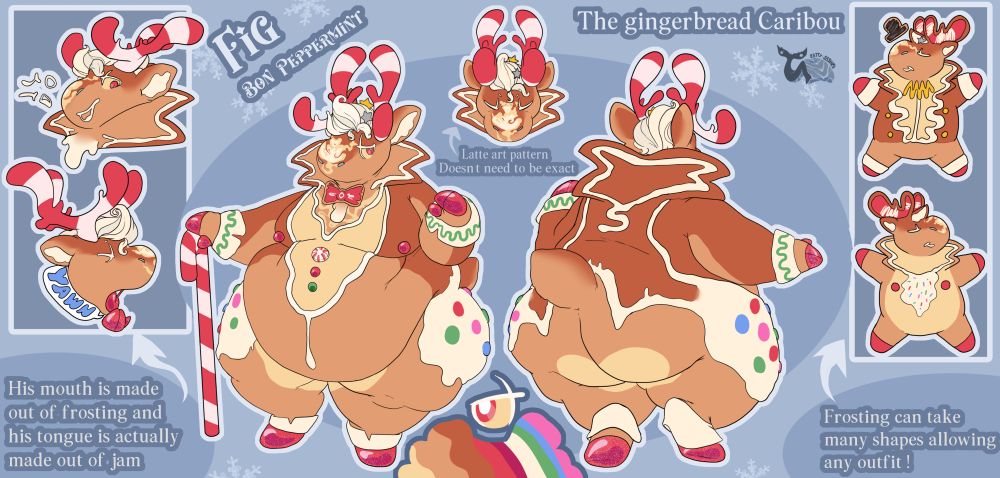 A reference shit of a tubby caribou made out of gingerbread ans peppermint, with a distinct latte art pattern on his snoot.