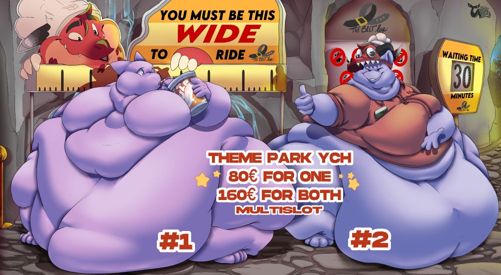 A fatfur themed YCH where a big ride operator gives a thumbs up to an even bigger visitor, who's slurping a soda. Behind them is a sign saying "You must be this wide to ride"