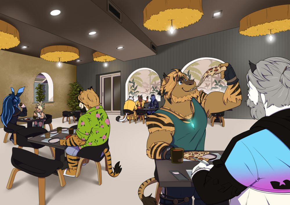 Hrothgar eating pizza, in a restaurant with other hrothgars, a viera and a lalafell in the background, it is bright, and the main hrothgar is enjoying the pizza