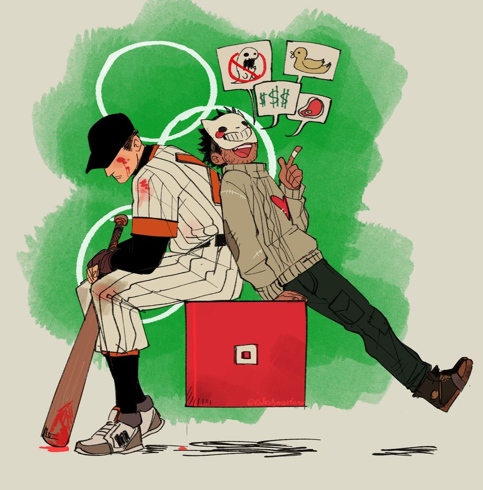 The Batter and Zacharie from the game OFF sit back to back on the red save box. The Batter slouches while he casually holds his bat, blood splats cover his face and the tip of his bat. Meanwhile Zacharie leans back as he rambles, which are drawn as little speech bubbles containing references to the game (ghost busting, money, meat, and a duck)