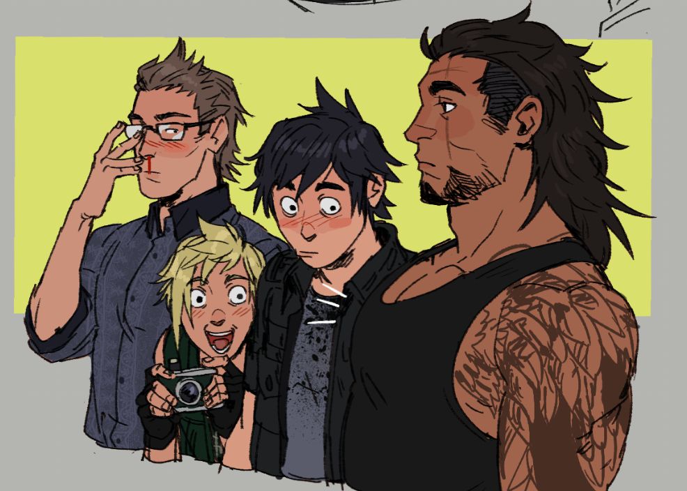 the main cast of FFXV recreating the guy with big boob meme. Ignis, Prompto, and Noctis ogling at Gladio's huge pecs.