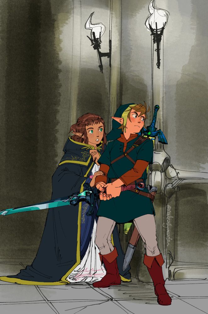 Link and Zelda are seen sneaking around the corner of a castle corridor. Zelda, dressed in navy blue cloak, grips Link's arm as he a brandishes a large blue and teal soldier sword. 