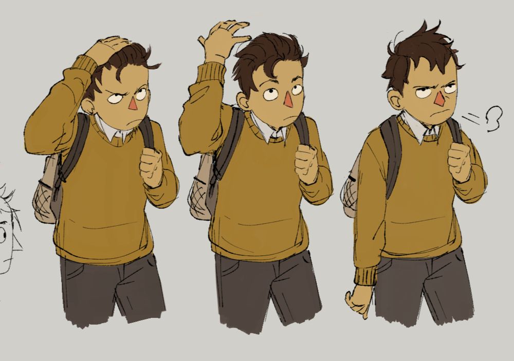 A lineup of 3 Wirts are seen wearing a golden sweater and backpack. From left to right Wirt is using his hand to pull his hair back to look less messy. Only for it to poof back up anyways. 