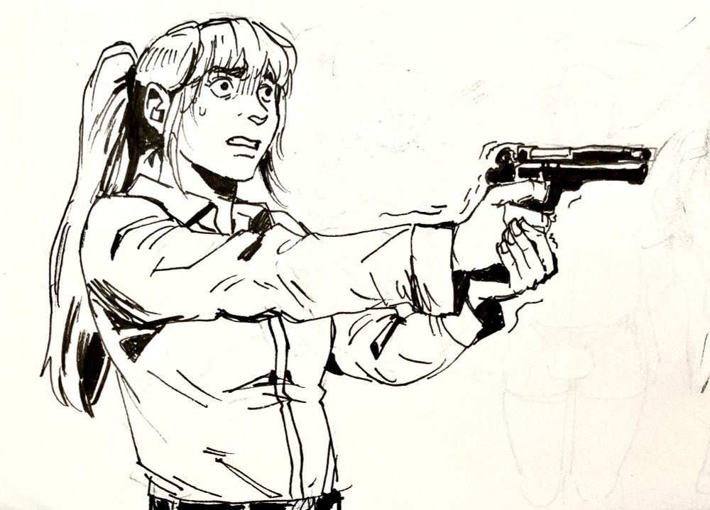 Pen and ink drawing of Lee Harker from Longlegs holding up her gun looking very fearful and tense.