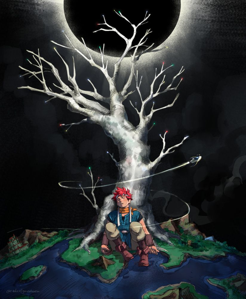 A dreamy illustration recreating Crono's resurrection from Chrono Trigger. 
Crono sits at the base of a spindly silver tree, faint lights of varying colors illuminate the tips. His expression is tired as if he is in a deep sleep. 
Beneath him is the overworld map of the kingdom og Guardia (present day) and behind him is a swirling cloudy void of darkness. 
A small version of the Epoch swirls around the base of the tree and around Crono as if launching forward or backward in time. 
In the sky above is a full solar eclipse making the sun looking like a shining black orb.